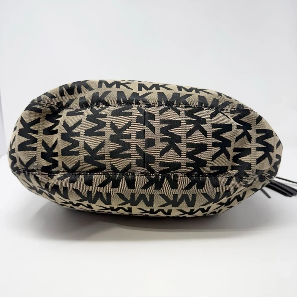 Michael Kors MK Logo Jacquard Hobo Shoulder Bag Black Tan Tassel Charm